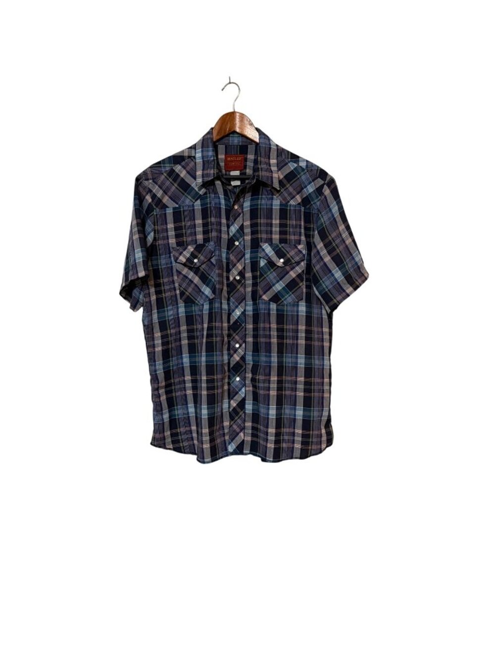 Rustler Mens Western Plaid Pearl Snap Button Short Sleeve Shirt Size L